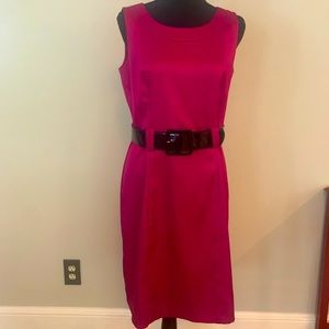 Shiny fuschia pink dress with a wide patent leather belt!